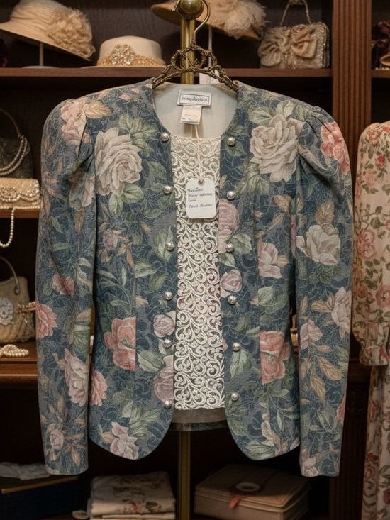 Jessica McClintock Tops - Vintage JESSICA MCCLINTOCK floral amd lace with pearls fitted blaser top size 10